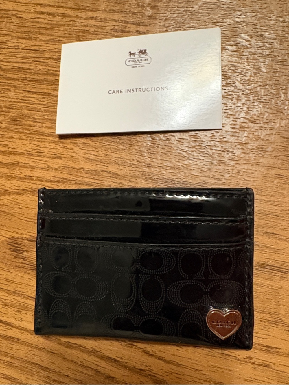 Coach Black Patent Leather Card Holder with Heart Charm